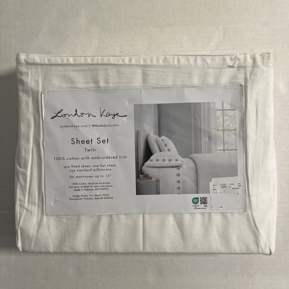 London Kaye Twin Sheet Set Green Mushroom Embroidered White Cotton 70s Retro - Picture 3 of 8